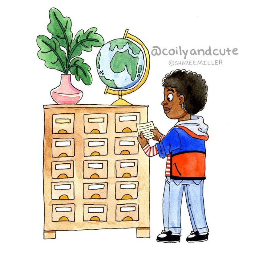 What books have your little ones been reading lately? ⁣⁠
⁣⁠
We love this illustration by <a href="/coilyandcute/">Sharee  Miller</a> because it brings us back to our childhood of having to locate books in the library. Nowadays everything is fairly electronic, so the art of the dewey decimal system is gone