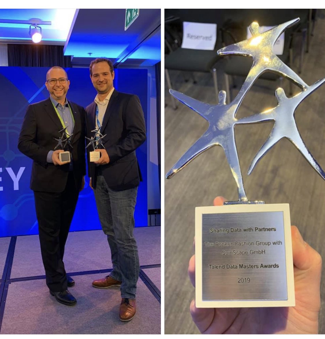 Drei Jahre in Folge gewinnt @QuinScape einen @Talend Data Masters Award für herausragende Projekte im Bereich Data Management; dieses Jahr zusammen mit unserem Kunden Popken Fashion Group. 
Stolz nimmt Philip Moston den Preis heute in London in Empfang.