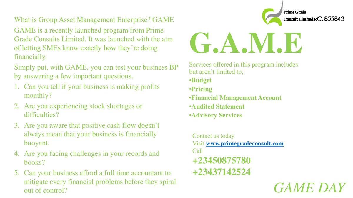 game_primegrade's tweet photo. #gameday #SME #smallbusiness #accounting #group #lagos
Group Asset Management Enterprise is a program from Prime Grade Consults Limited. Ensure your business' financial sustainability with #GAME
#GrowwithGame https://t.co/4w2fyb6zuE
