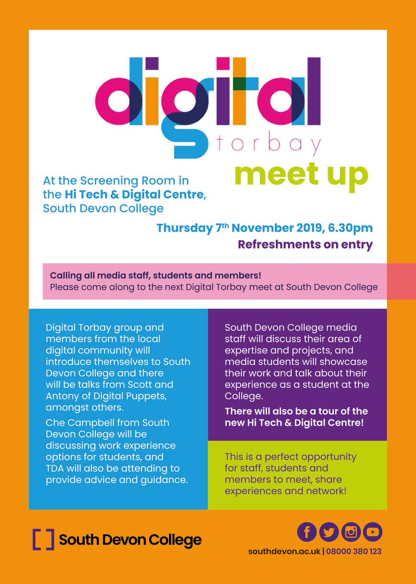 DigitalTorbay's tweet photo. The next #DigitalTorbay MEETUP is at @sdcollege on Nov 7th from 6.30pm. There will be a tour of the brand new Hi-tech &amp; Digital Centre and the team will talk about how professionals in the Bay can get involved. Entry is FREE, just come along! #BoostTorbay #TorbayHour #Digital https://t.co/uVJkORfDtm