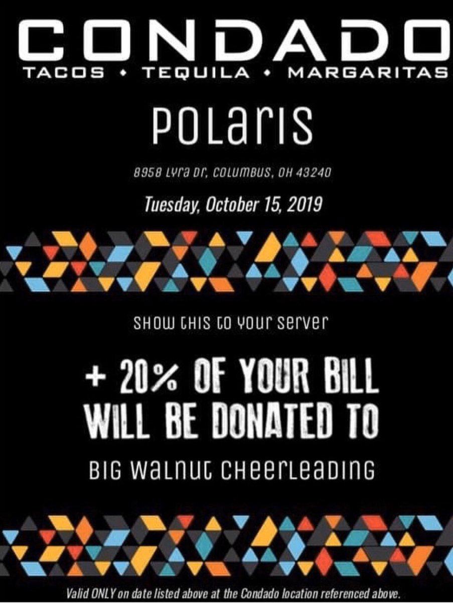 gigirobertoo's tweet photo. Come out to Condado tonight for #TacoTuesday in Polaris to support @BigWalnutCheer !!! The fundraiser runs all day, so come anytime!! https://t.co/XLSL8nZUOS