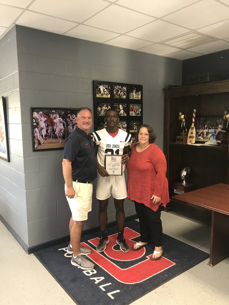 @SheilaSwaimTeam1 Player of the Week is Trey Lockhart.  6 Tackles, 1 INT and 1 PBU!
⁦<a href="/BJHS_Football/">Bob Jones Football</a>⁩