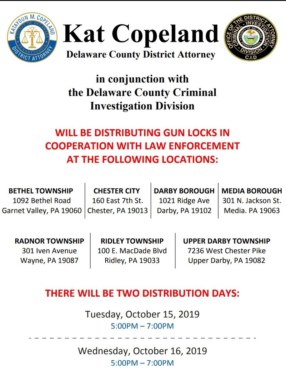Join us from 5-7pm 10/15 &amp; 10/16 at the following police departments for free gun lock distribution events #communitysafety <a href="/BethelTownship/">Bethel Township</a> <a href="/MediaBorough/">Media Borough</a> <a href="/ChesterPolicePA/">Chester City Police</a> <a href="/DarbyBoroPolice/">Darby Borough Police</a> <a href="/ridleytwp/">Ridley Township Commissioners</a> <a href="/RadnorPD/">RadnorPD</a> <a href="/UDPolice/">Upper Darby Police</a>