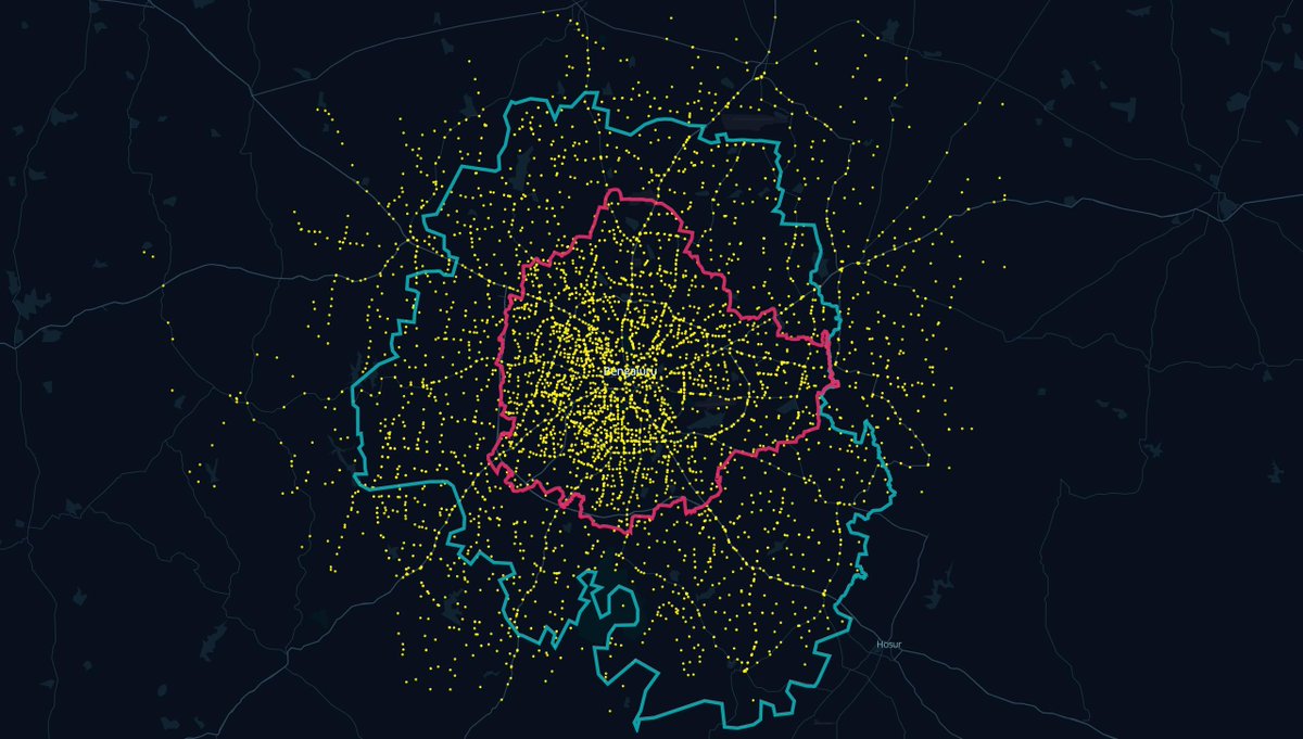 OneHour_Project's tweet photo. Out of the 5352 bus stops of @BMTC_BENGALURU there are 2887, ~55% bus stops inside Bengaluru, 4419, ~83% inside Bengaluru Urban and the remaining 933, ~17% are outside! The furthest stop from Kempegowda Bus Station is Biskur in Ramanagara district about 60 kms away! #Bengaluru https://t.co/BtitnYqW6N