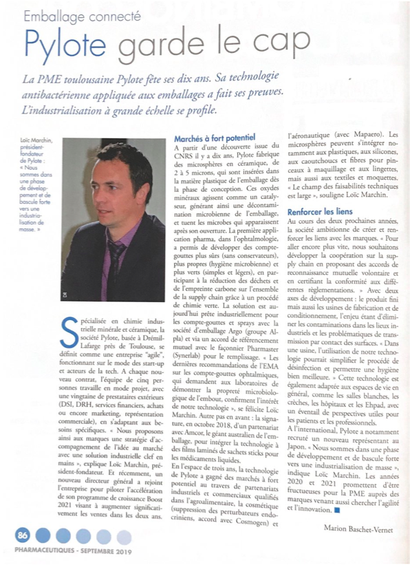 Pylote in the media: A feature article "Pylote garde le cap" of <a href="/MBaschetVernet/">Marion Baschet Vernet</a> in @Pharmaceutiques
Magazine following an interview of <a href="/marchinloic/">Loïc Marchin</a>, CEO of Pylote