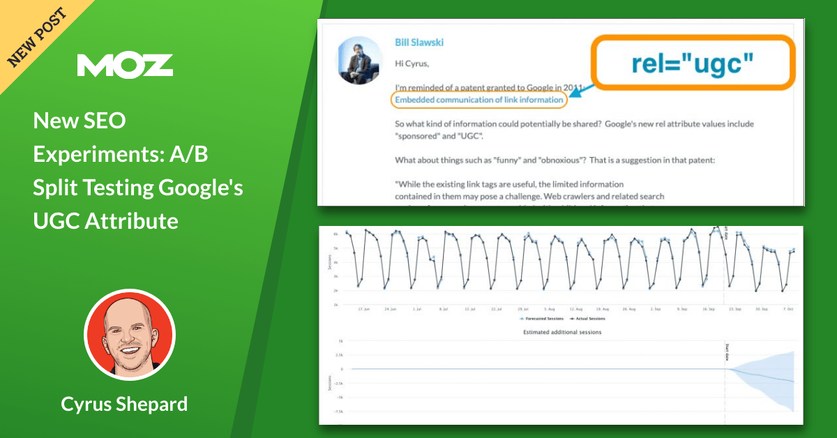 New SEO Experiments: A/B Split Testing Google's UGC Attribute 

We A/B tested adding rel="ugc" to our blog comment links using Distilled's optimization delivery network. 

Here's what we found — &amp; what we're thinking about testing next: mz.cm/2MHh785 by <a href="/CyrusShepard/">Cyrus SEO</a>