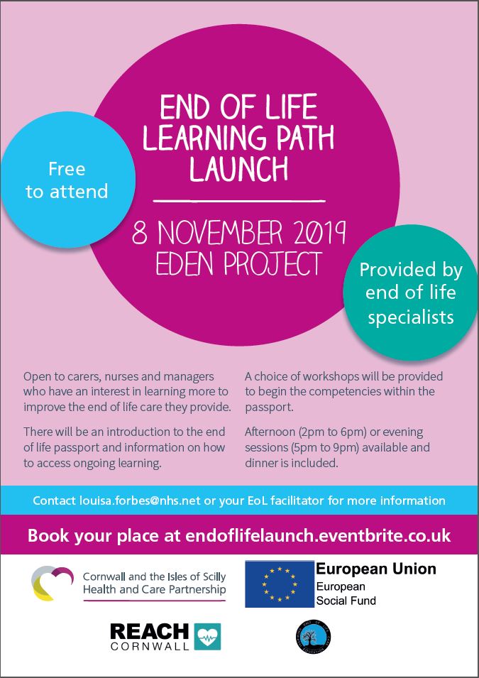 End of Life Learning Path Launch! This event is taking place the <a href="/edenproject/">Eden Project</a> on 8th November 2019 and is open to carers, nurses and managers who have an interest in learning more to improve the end of life care they provide. This is free to attend! Details below #endoflifelaunch