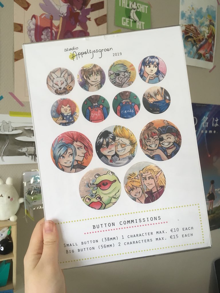 appeltjesgreen's tweet photo. Fancy new button commissions sheet for FACTS this weekend. โจ Filled with buttons I made on previous conventions. Get your personal button at the Creators Zone B80 at @FACTSConvention #buttons #commission #facts2019 #factsfall2019 https://t.co/DVarjqxmnh