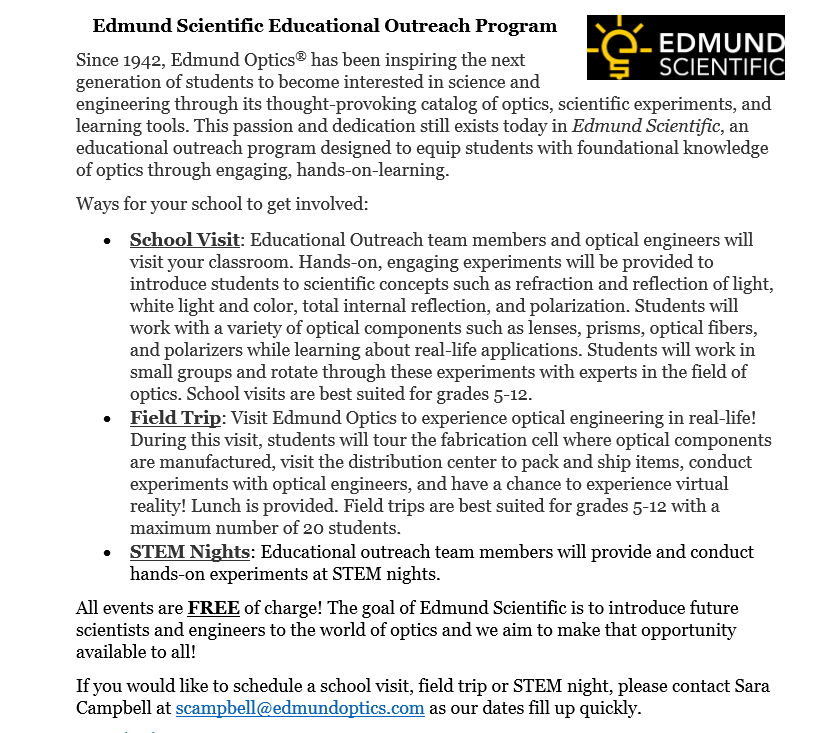TechieCampbell's tweet photo. Hey STEM friends. Are you having a STEM event soon? We would love to partner with you. We offer FREE optics experiments with our optical engineers. If you would like more info DM me! #STEM #steam @SoJEdTech https://t.co/mZCZRdva1m