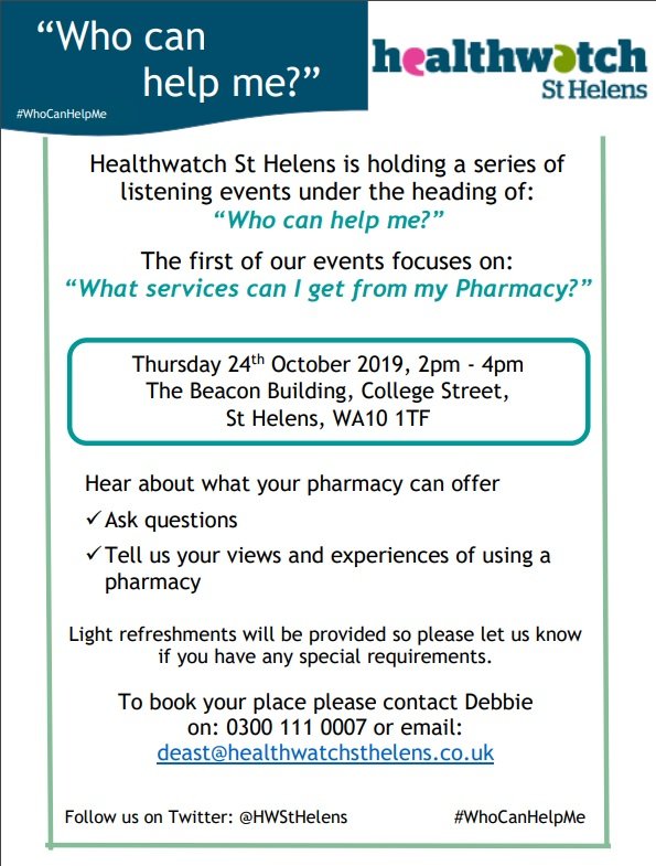 HWStHelens's tweet photo. The first of our #WhoCanHelpMe events is all about "What services can I get from my Pharmacy?” 
It's happening on 24th Oct at 2pm-4pm at The Beacon, College Street. 
Call us on: 0300 111 0007 to book your place. https://t.co/3d5kRkoCYP