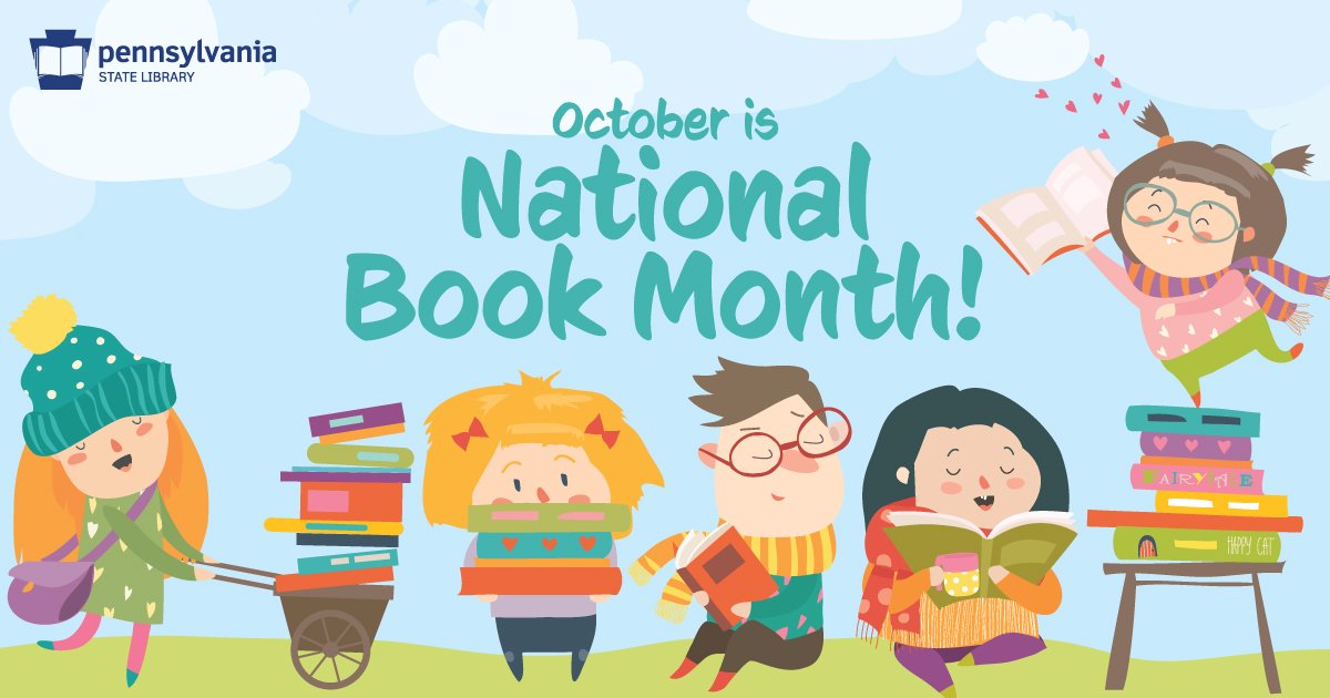 Diverse group of happy children reading with 'October is National Book Month!' written above them.