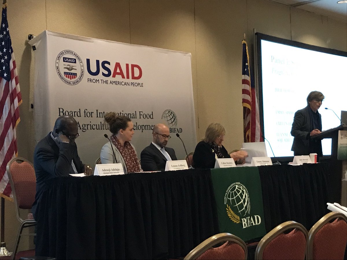 GuenettePaul's tweet photo. “Food and peace are intertwined....and hunger is on the increase again....Climate shocks worsen conflict’s harm on food systems.” #JulieHoward. #BIFAD Panel: Fragility, Conflict, and Food Systems. ⁦@acdivoca⁩ promotes Ag livelihoods to build resilience. https://t.co/FIZlFwhnZn