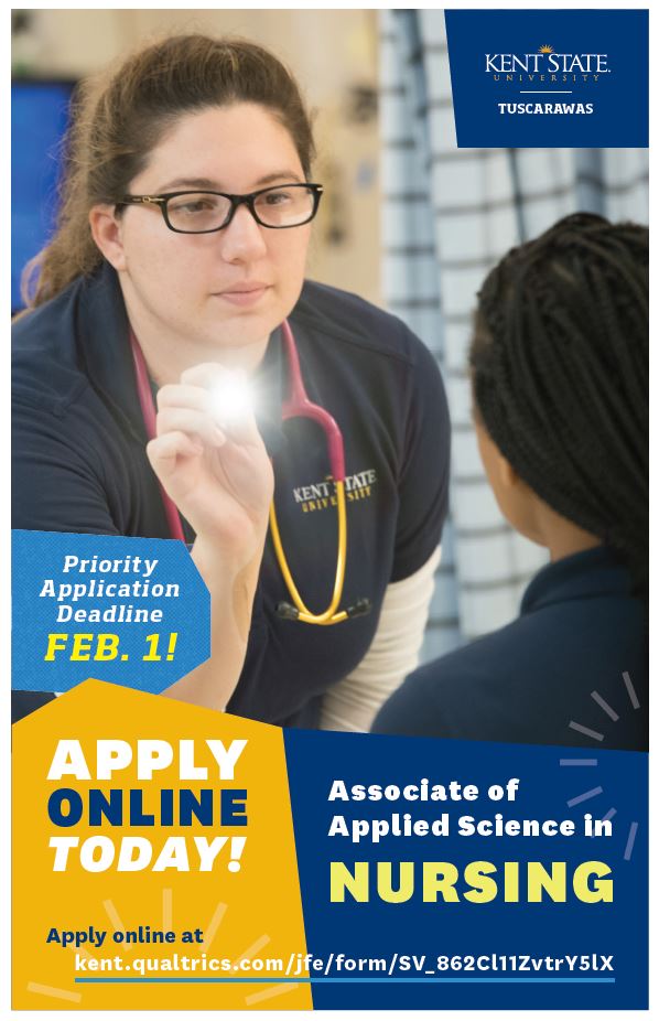 Applications are being accepted for the <a href="/KSUTusc/">Kent State Tusc</a>  Associate of Applied Science in Nursing program. 
Apply today at kent.qualtrics.com/jfe/form/SV_86….