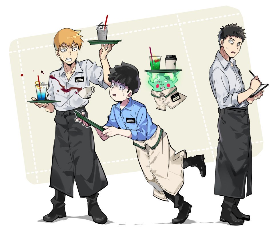 black hair multiple boys 3boys tray apron waiter waist apron  illustration images