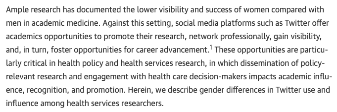 AliRaja_MD's tweet photo. We Have To Do Better Than This:
#GenderDifferences in #TwitterUse & Influence Among Health Policy & Health Services Researchers
@janemzhu et al
Oregon Health & Science U.
https://t.co/Pkc0yuhKIR
#HCSM #SoMe #GenderDisparities #AcademicInfluence https://t.co/9ntKaWGz2U