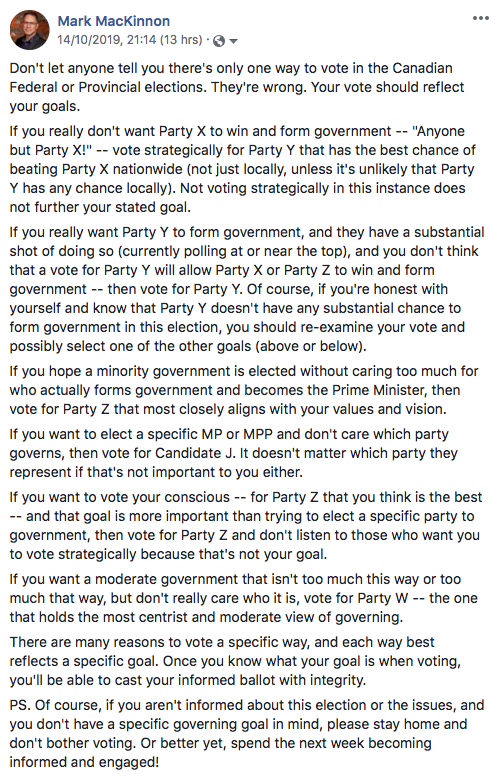 hulkinapuddle's tweet photo. Motivations behind voting are not universal.
The most effective way to vote in Canada's Federal election is to first determine your voting goals, and then cast your ballot accordingly. #cdnpoli https://t.co/uLL8r5AmHp