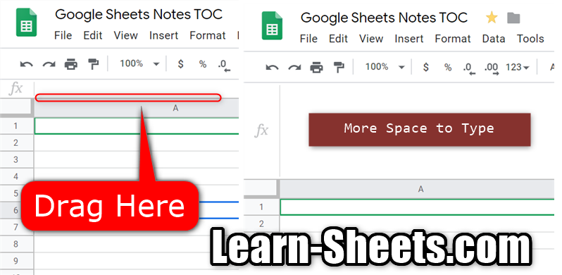 TheSheetsGuy's tweet photo. Google Sheets Tip:

Open up more room to type/edit in the formula bar by dragging the bottom of the formula bar downward.

Or you can hide the formula bar by unchecking "Formula Bar" in the View menu.

#GoogleSheets 😀 https://t.co/sDpPG4DRSq