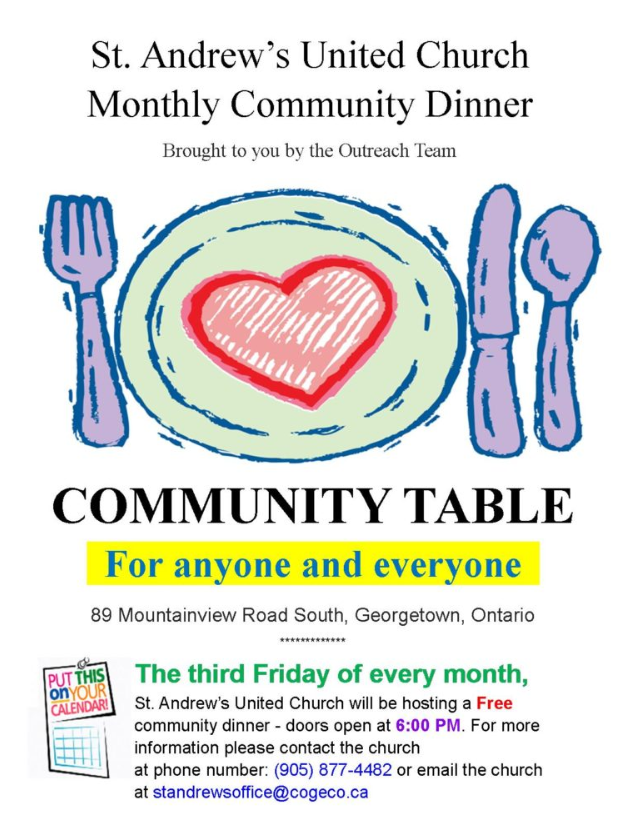 Looking for some events going on in the community? St Andrews is hosting a community dinner on Friday October 18th, starting at 6pm. This is a great event to eat and get to know your community! For more information please contact St. Andrews.
