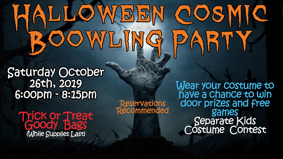 Halloween Cosmic Boowling Party, Saturday October 26th, 6:00pm-8:15pm.  Reservations Recommended.  #york #halloweenparty #costumeparty