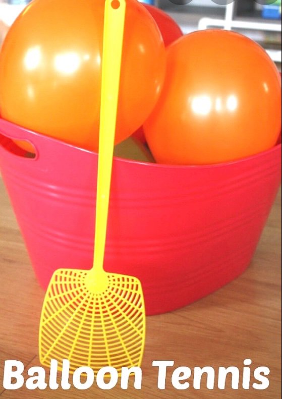 Looking for an activity to do when it’s raining? Try balloon tennis! 
All you need is fly swatters and balloons. 
Direction: 
1) blow up the balloons. 
2) tie the balloon closed 
3) use the fly swatter to hit the balloon back and forth!