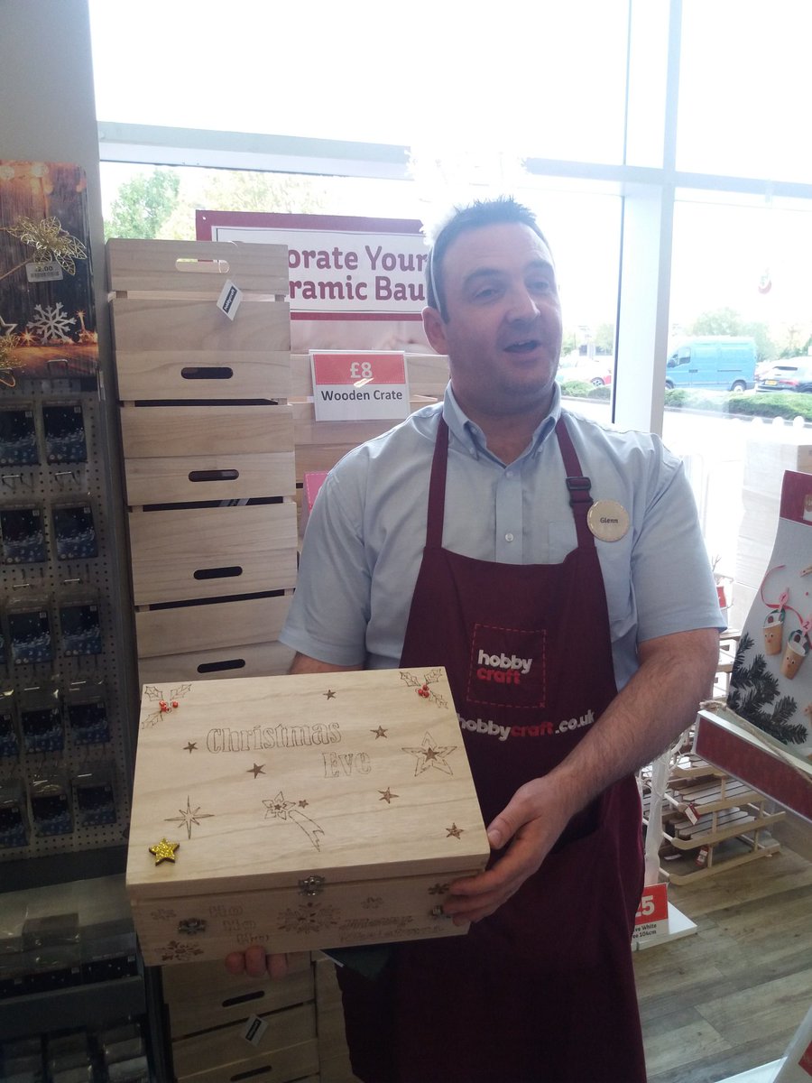 philliplegg's tweet photo. Glenn showing off Dan's #PersonalisedChristmasEveBox. Perfect pyrography skills Dan! @Hobbycraft_CBG #Area5FitForPeak https://t.co/jMOEVYBl59