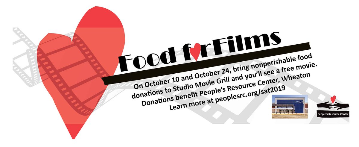 Our good friends <a href="/studiomoviegril/">Studio Movie Grill</a> in Wheaton support PRC every #October with their #FoodForFilms Food Drive. 

Check it out on Oct. 24! Some less commonly donated items include peanut butter, canned tuna &amp; chicken, dry beans, canned fruit in real juice, &amp; gluten-free foods.