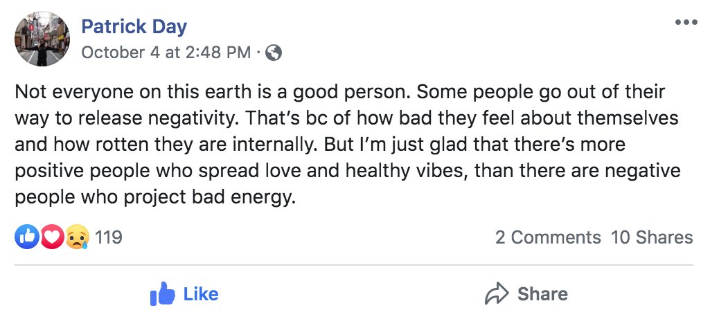 casswriter44's tweet photo. Yesterday, a boxer who knows Patrick Day very well told me how unfair this is. Yes, this is so unfair. Read this post Pat left on FB before he left for Chicago. A person this good deserves a miracle, deserves to keep "spreading love and healthy vibes" #prayforpatrickday #miracles https://t.co/unffC7rZrx