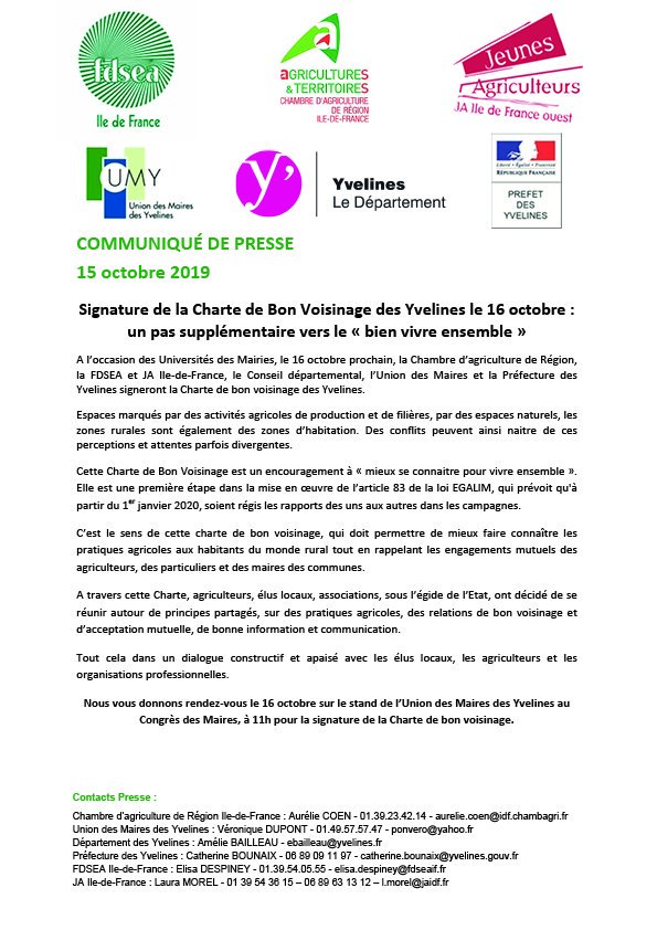 [Communiqué de presse]

Signature de la Charte de Bon Voisinage des Yvelines le 16 octobre : un pas supplémentaire vers le «bien vivre ensemble»