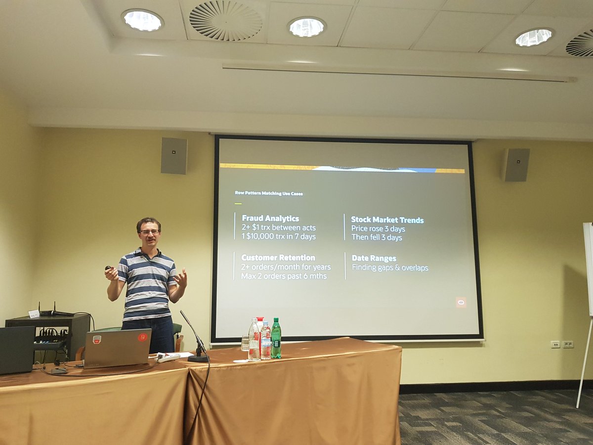 zoran_tica's tweet photo. @ChrisRSaxon is speaking about finding patterns in data using match_recognise... real world examples are below. #makeitconf19 https://t.co/o1zF1XTfDu