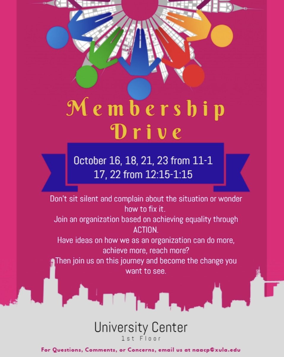 XUnaacp's tweet photo. Hey Xavierites! NAACP will be having our annual membership drive. You will be able to pay for membership dues and the current NAACP T-shirt! We will we on the first floor of the UC during lunch until October 23rd. https://t.co/m5eisqmJLD