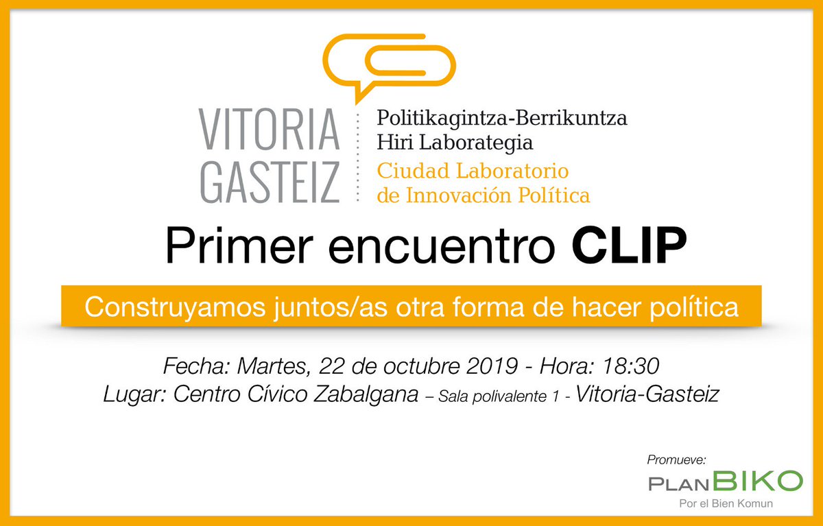 CLIP arranca en <a href="/vitoriagasteiz/">Vitoria-Gasteiz!</a> con la vocación de ser un proyecto al que se unan muchas más ciudades.
¡Pongamos la primera piedra de un camino ilusionante para recuperar el sentido auténtico de la política!

¡Ven a la presentación pública de <a href="/CiudadesClip/">CLIP, Ciudades Laboratorio de Innovación Política</a>! Contamos contigo.