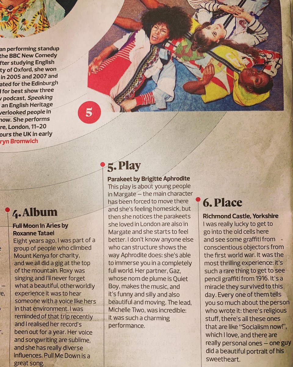 bbbrigitte's tweet photo. Our show #Parakeetlive was recommend in this weekends @guardian &amp; shout out to punk icon @chelleot 🔥 also a honour to be along side musician @roxannetataei and her album beautiful #fullmooninaries 🌕 
thankyou @JosieLong 💚💚💚💚💚 come see Parakeet 5th December @TheGulbenkian https://t.co/2yPyhYxovN