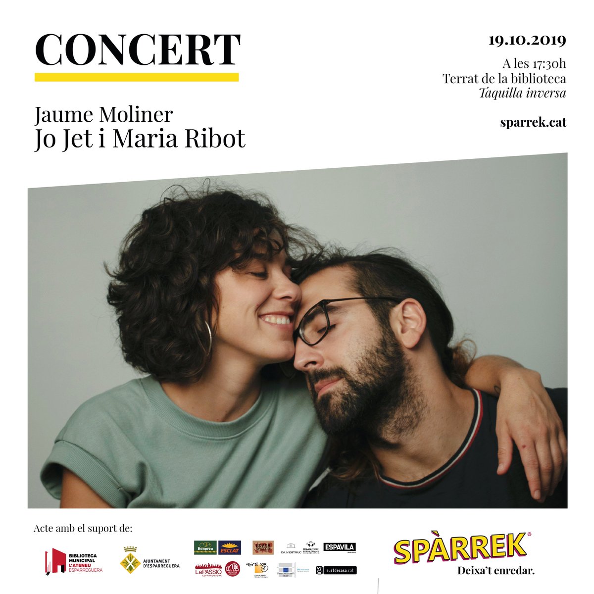 💥 Aquest dissabte tindrem a #Esparreguera un grup de música preciós, amb un projecte cultural molt fonamentat i una proposta artística 🔝!

📆 19 d'octubre de 2019
🕠 A partir de les 17:30h
📍 Terrat de la Biblioteca Municipal d'Esparreguera

Més info a sparrek.cat/concert
