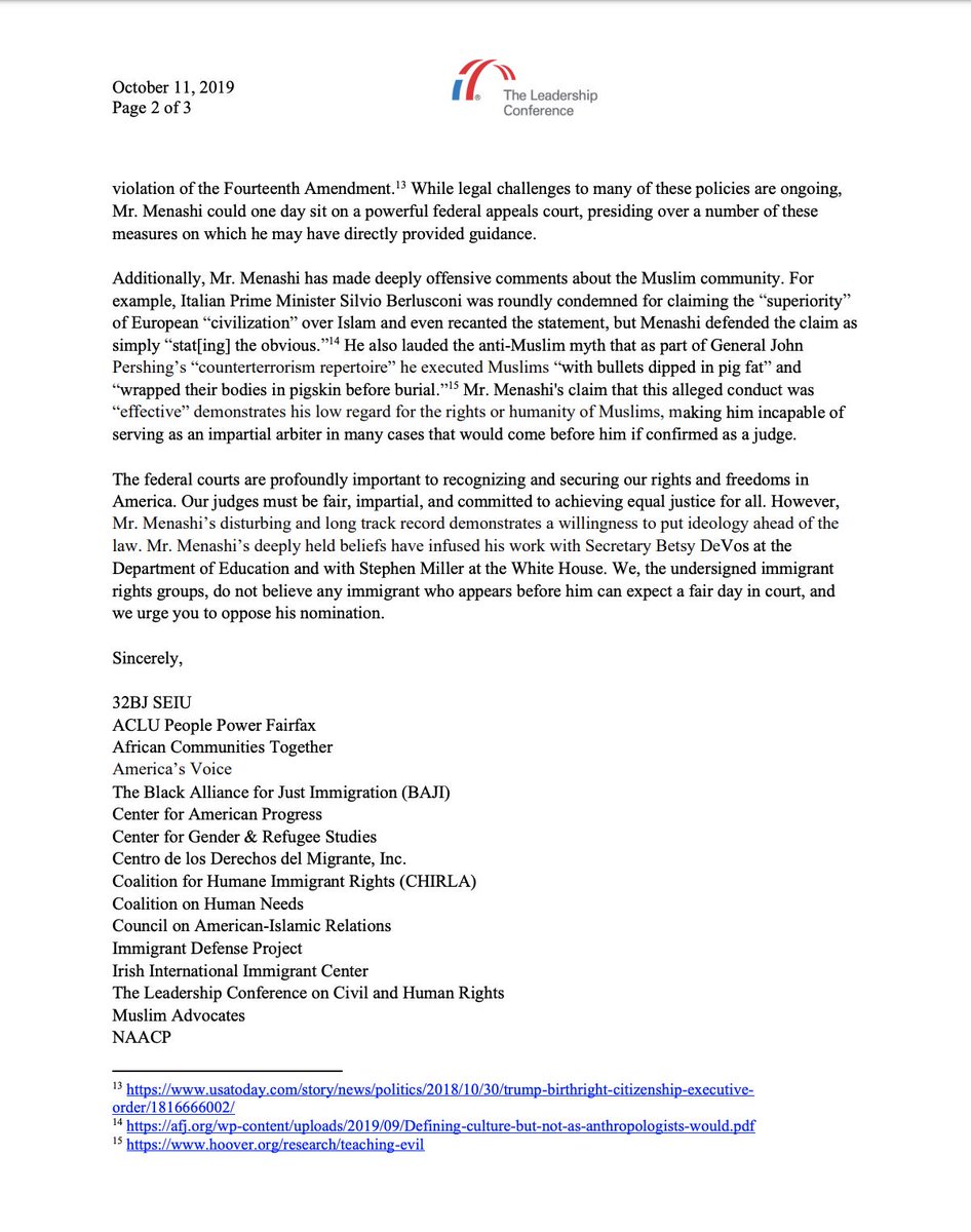 Page two of immigrant rights groups' letter in opposition to Steven Menashi. Full letter available in link posted in the original tweet.