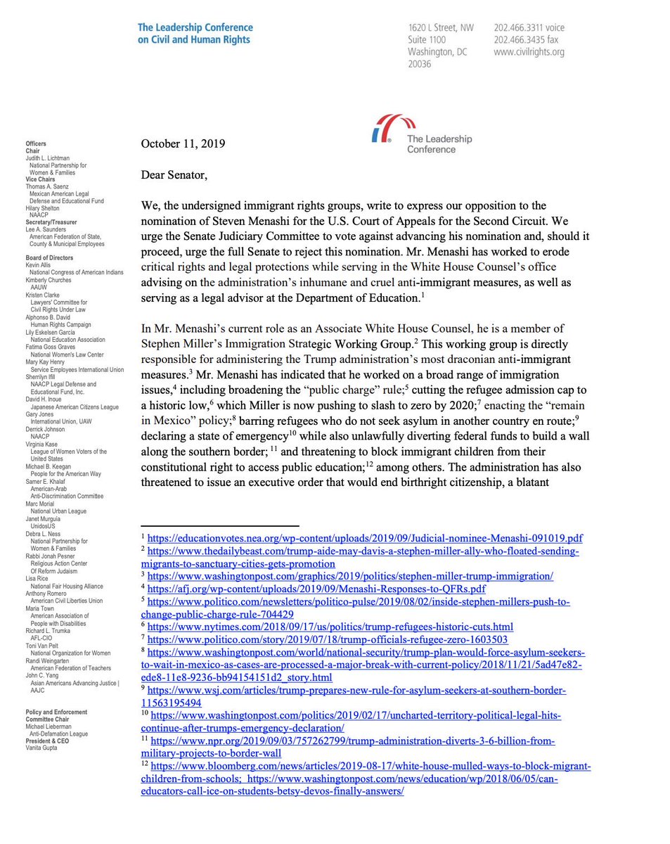 Page one of immigrant rights groups' letter in opposition to Steven Menashi. Full letter available in link posted in the original tweet.