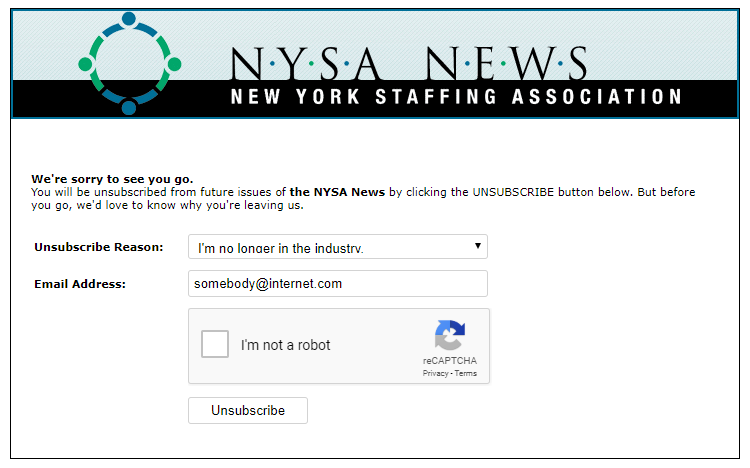 HrMervin's tweet photo. If there *EVER* was a situation where I did NOT want a #bot to be limited in any way - it would be to serially unsubscribe me from newsletters. @newyorkstaffing your site's got some issues, we should talk #WebDev #NoCaptcha https://t.co/gbmWAHnlzS