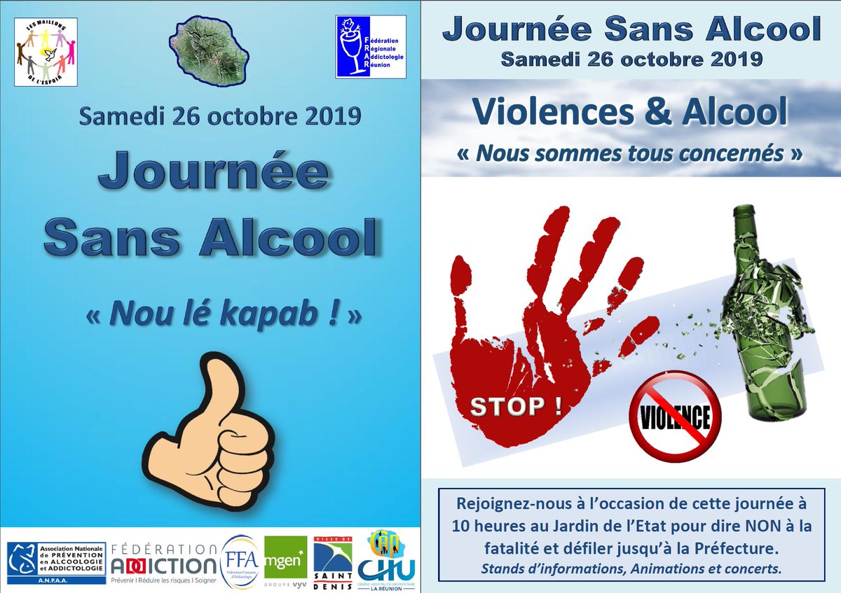 DavidMETE974's tweet photo. 2e Journée Sans Alcool à La Réunion samedi 26 octobre sur le thème "violences et alcools". Un exemple de mobilisation citoyenne sur un problème majeur de santé publique. https://t.co/hVn6qY0tW8