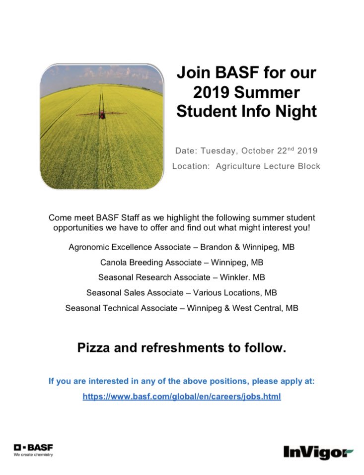 <a href="/BASFAgSolutions/">BASF Agricultural Solutions Canada</a> is an exciting place to work. #MBAg students are invited to join us on Oct 22 at the UofM to learn about the various opportunities - and eat pizza! <a href="/UM_FASO/">U of M Aggies</a> <a href="/rogalskymtr/">Michele Rogalsky</a>