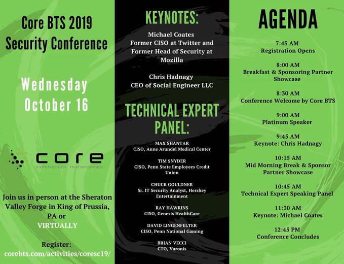 JessicaCoreBTS's tweet photo. Don’t forget! Tomorrow is the 2019 Security Conference! Breakfast will be served and a panel featuring multiple technical experts will be there, so don’t miss out! https://t.co/PO3WKd5IuX