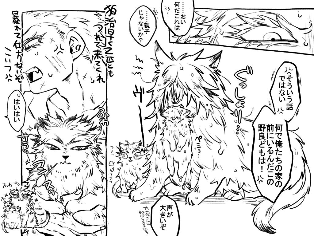 【煉獄ぬこ家族と素流家の出会いらくがき】
癒されたかったそれだけで描いたのでオチも何もない。 