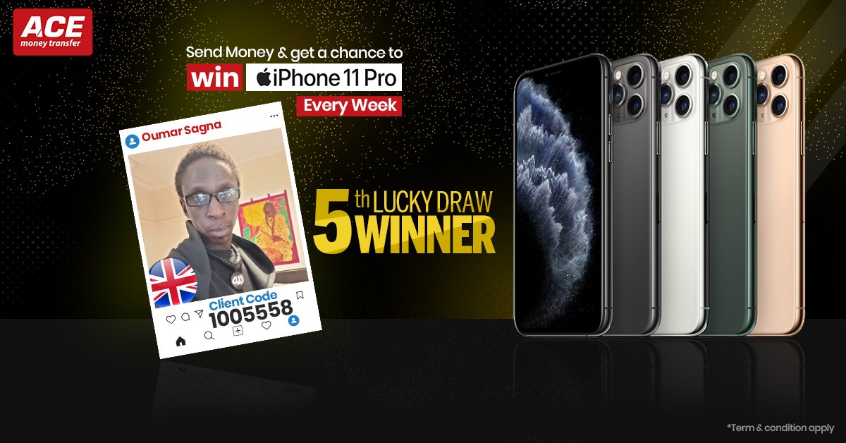 ACEMoneyTransfr's tweet photo. 𝐖𝐞 𝐏𝐫𝐨𝐦𝐢𝐬𝐞𝐝! 𝐖𝐞 𝐃𝐞𝐥𝐢𝐯𝐞𝐫𝐞𝐝!
𝐂𝐨𝐧𝐠𝐫𝐚𝐭𝐮𝐥𝐚𝐭𝐢𝐨𝐧𝐬 to our Valued Customer " Mr. Oumar Sagna" for Winning iPhone 11 Pro through a 5ᵗʰ Lucky Draw 2019.
#WeeklyOffer #ACE #iPhone11Pro #MoneyTransfer #FifthLuckyDraw #ACEOffer2019 #BestRates #FairFee https://t.co/TL3IodOrNZ
