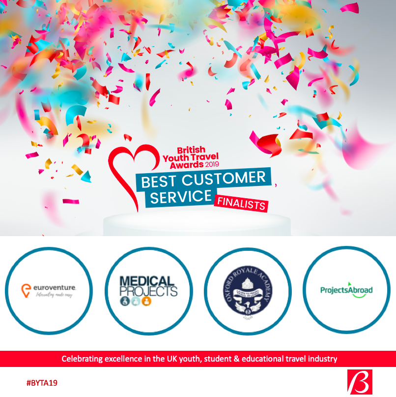 Big shout out to the Best Customer Service finalists <a href="/euroventure/">Euroventure Travel</a> <a href="/medicprojects/">Medical Projects</a> <a href="/OxfordRoyale/">Oxford Royale</a> <a href="/projectsabroad/">Projects Abroad</a> 

ow.ly/gGXE50wKzRl

#BYTA19 #BestCustomerService #awards #youthtravel #educationaltravel