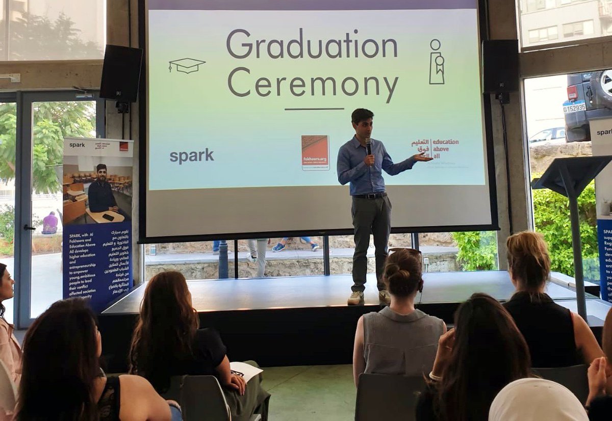 SPARKorg's tweet image. Social entrepreneur @Ahmadsb_ is holding a talk about his journey, inspiring the new generation of #SPARKalumni at their graduation ceremony in #Beirut. 

#AlFakhoora @EAA_Foundation @InjazLeb @EAA_Foundation @techstars @JusoorSY