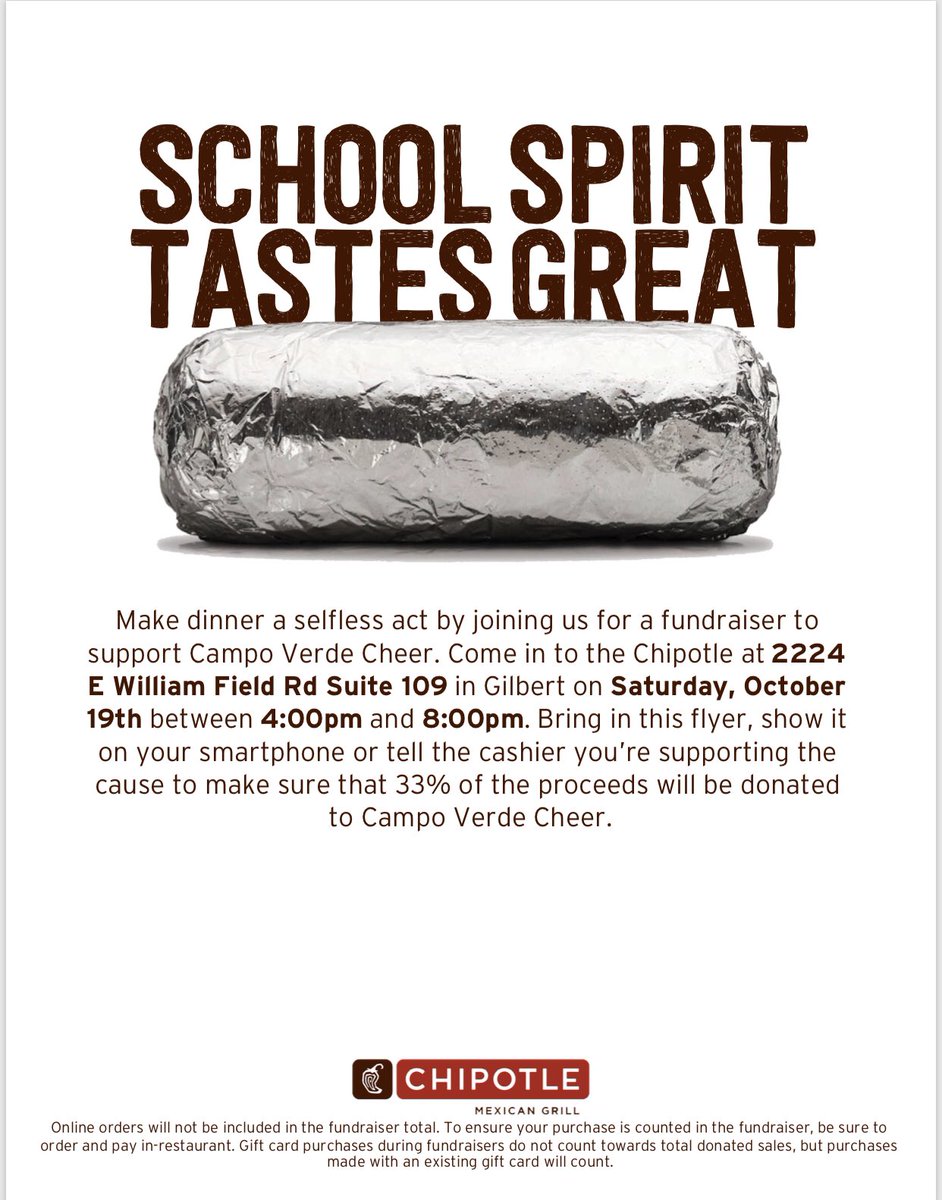 Show this flyer to the cashier at Chipotle this SATURDAY FROM 4-8 pm at the San Tan Mall. 🐺 ❤️ 🌯