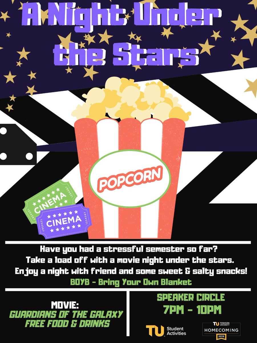 TONIGHT @ Speakers Circle! Join Homecoming Comittee while we watch Guardians of the Galaxy Under the Stars cozied up w/ blankets, popcorn, hot chocolate, &amp; some sweet giveaways✨