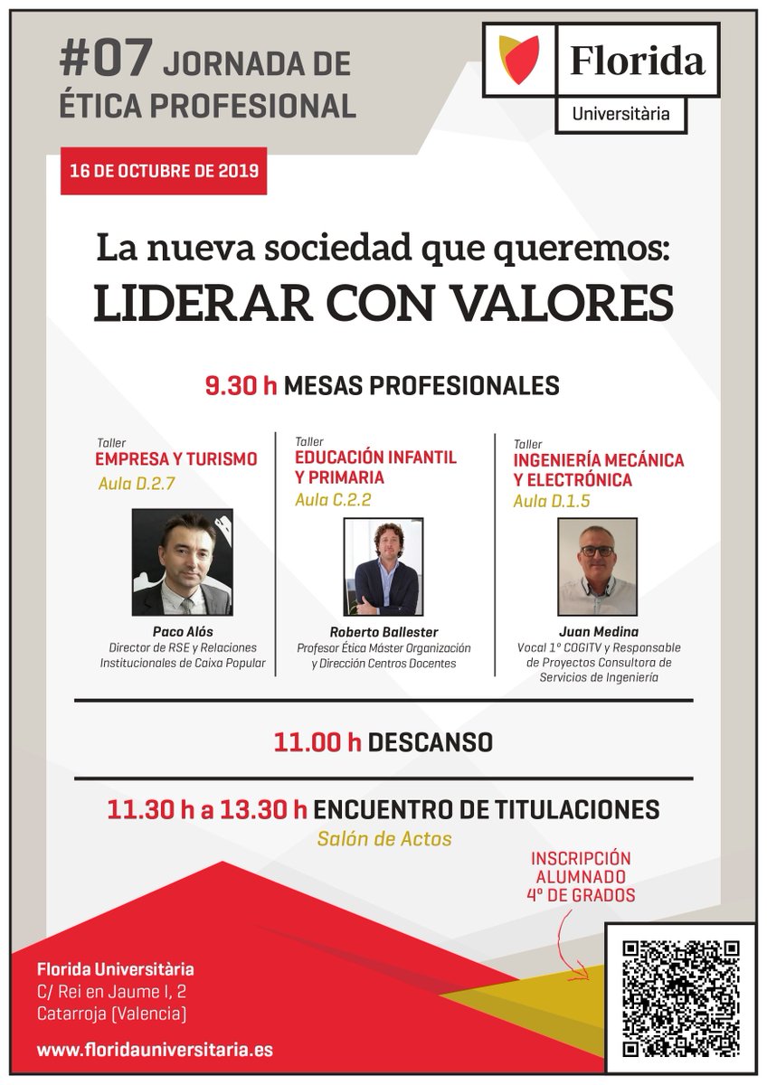Mañana en <a href="/floridauni/">FloridaUniversitaria</a> jornada #EticaFlorida con el enfoque #Liderarconvalores alumnado grado #Ingenieria con #JuanMedinaMocholi de <a href="/COGITIValencia/">COGITI Valencia</a> grado #Empresa #Turismo con <a href="/PacoAlos/">Paco Alos</a> de <a href="/caixapopular/">Caixa Popular</a> y grado #Educacion #Infantil #Primaria con <a href="/compartimentos/">Roberto Ballester</a>  de <a href="/felidarity/">Felidarity</a>