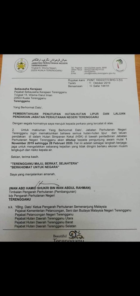 Pengumuman notis penutupan hutan simpan Perak dan Terengganu. Beri peluang kepada hutan utk memulihara flora dan fauna. Kita pun boleh rehat tumpukan kepada aktiviti outdoor lain. 

Jangan langgar nanti ada yg kejar 🤭
