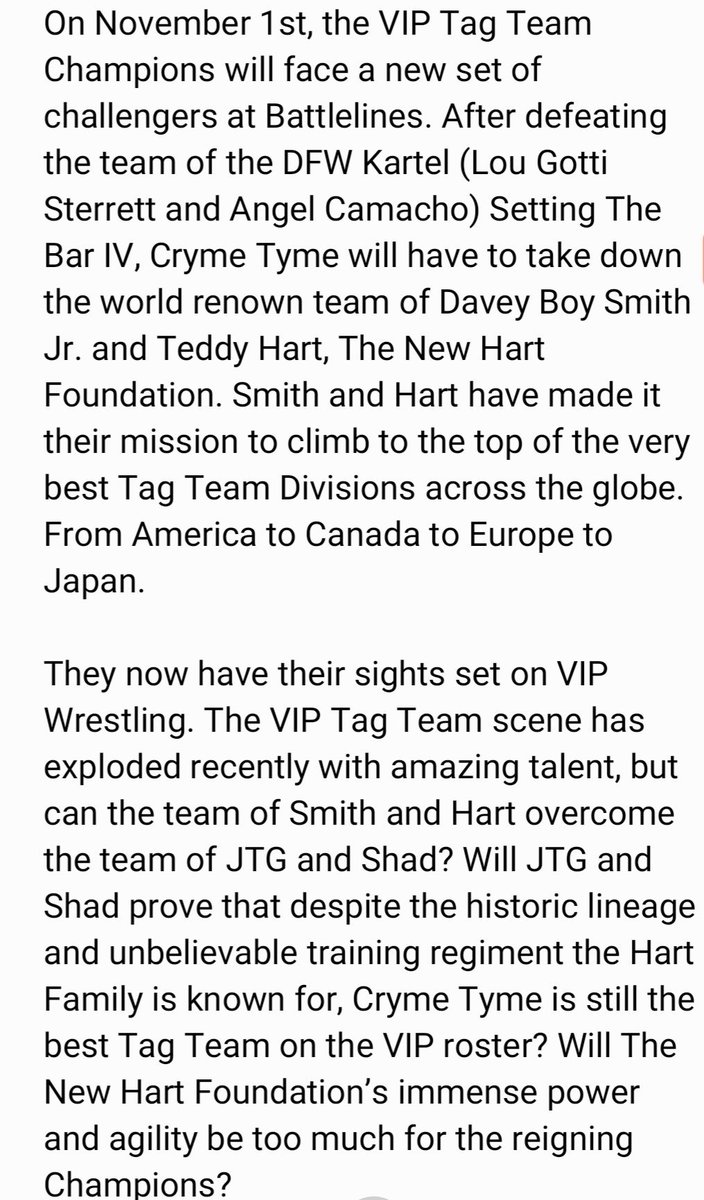 VIP_Wrestling's tweet photo. 🔥MATCH ANNOUNCEMENT🔥
Cryme Tyme defends their VIP Tag Team Championships against The New Hart Foundation!
Nov 1st at BATTLELINES tickets available at https://t.co/AW0eE1D0Bm
#prowrestling #dfw #vipwrestling #crymetyme #newhartfoundation #dallas #Independentwrestling https://t.co/WAR5XwFrEc