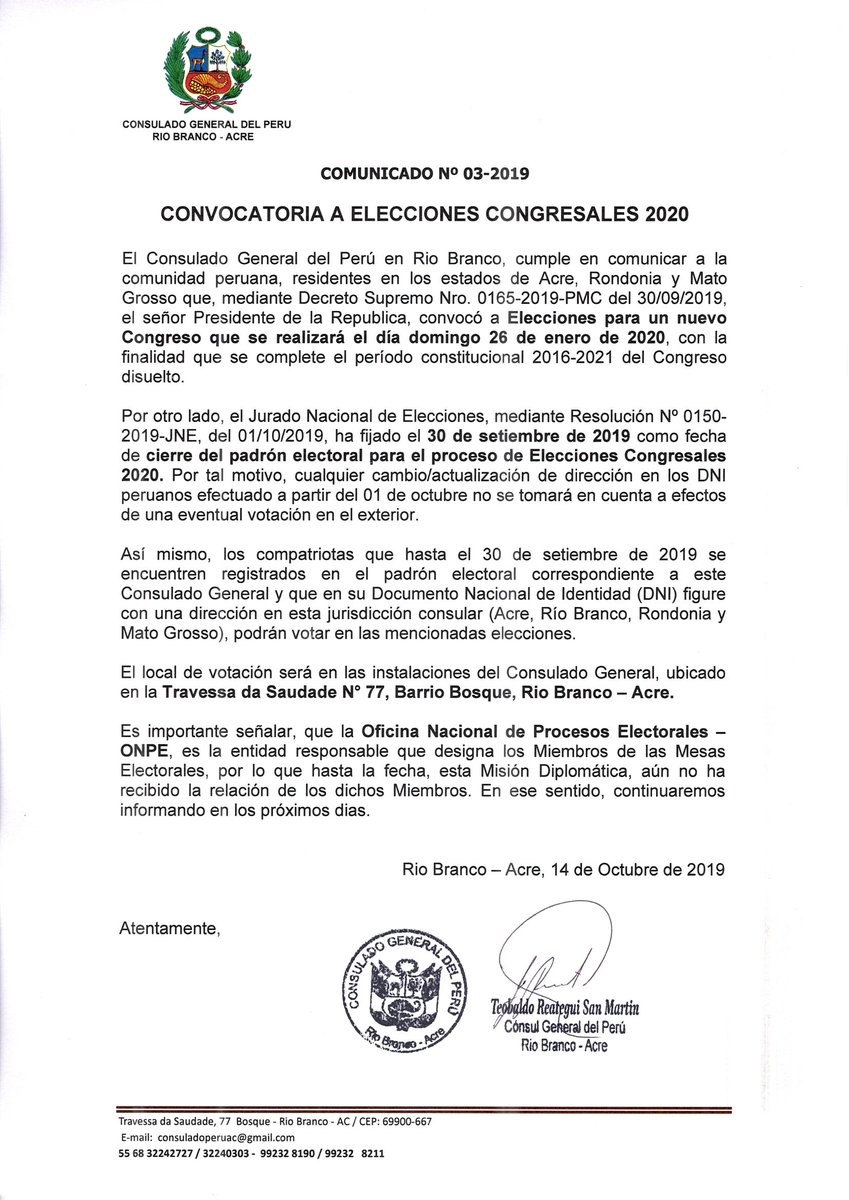 consuladoperuac's tweet photo. COMUNICADO Nº 03-2019
CONVOCATORIA A ELECCIONES CONGRESALES 2020

El Consulado General del Perú en Rio Branco, cumple en comunicar a la comunidad peruana, residentes en los estados de Acre, Rondonia y Mato Grosso : https://t.co/8dgBAUuH4H
