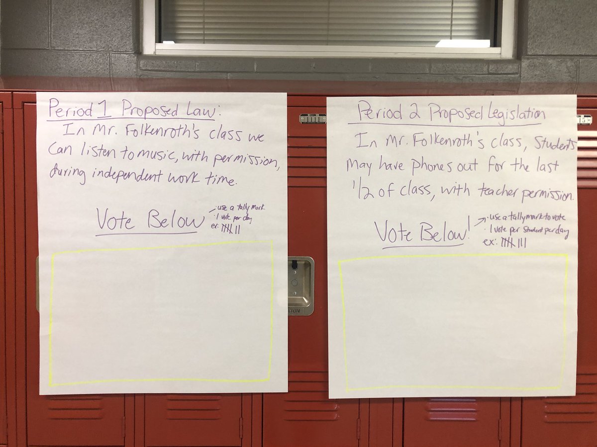 EdFolken's tweet photo. The principles of government in action! Students went thru an experiential learning activity to understand the legislative process, and created bills they want to become “law” in our classroom. Final step of the process is students exercising their right to vote! https://t.co/TcSRxcAEKK